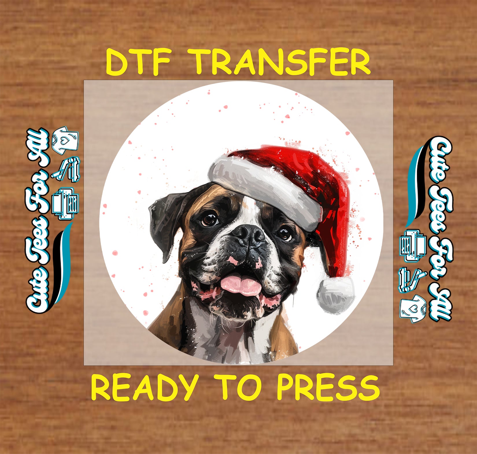 boxer dog in santa hat round snowfall portrait ready to press dtf iron on heat transfer for diy shirts