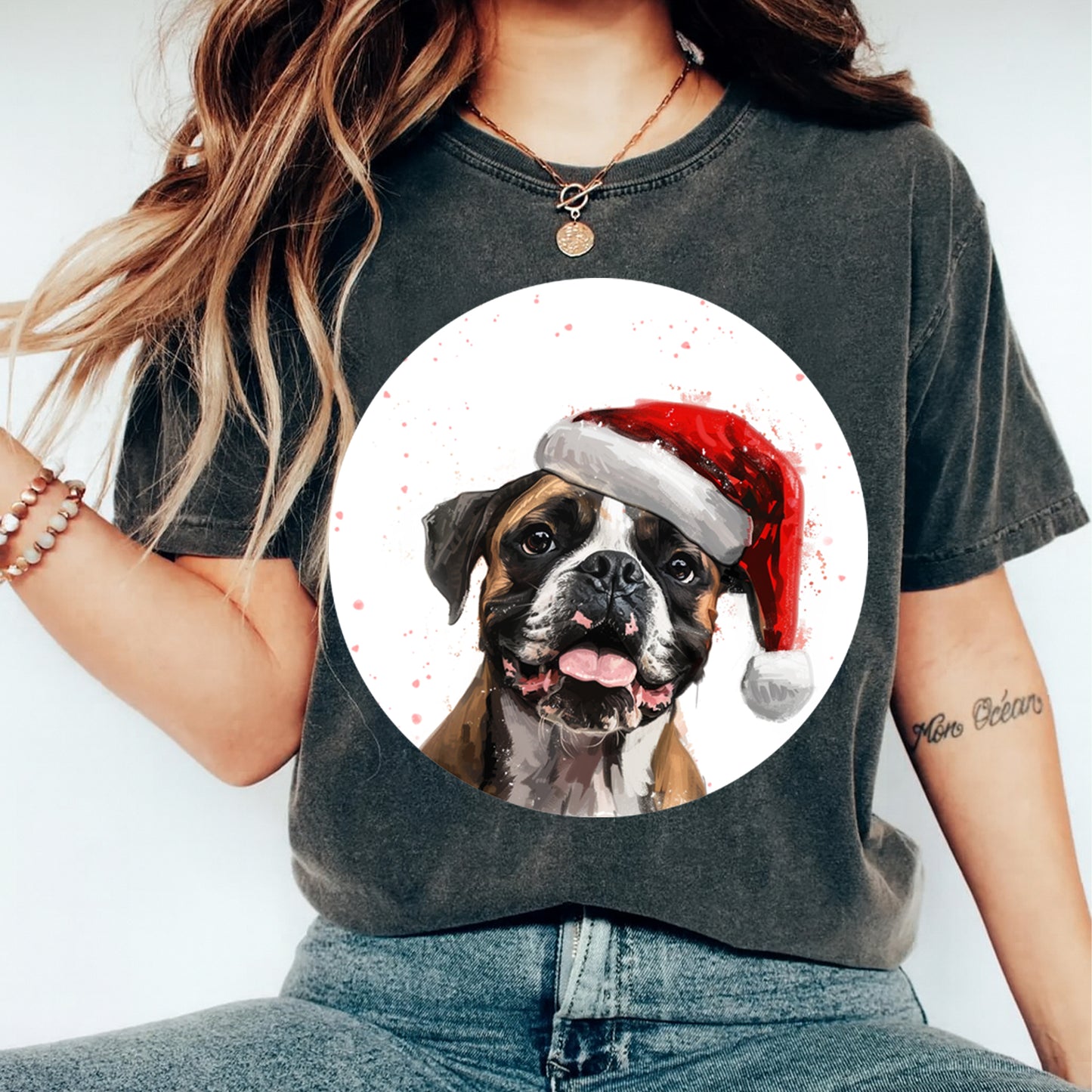 Christmas Boxer Santa Hat DTF Transfer – Round Snowfall Portrait Ready to Press Iron On Heat Transfer for DIY Shirts 12084