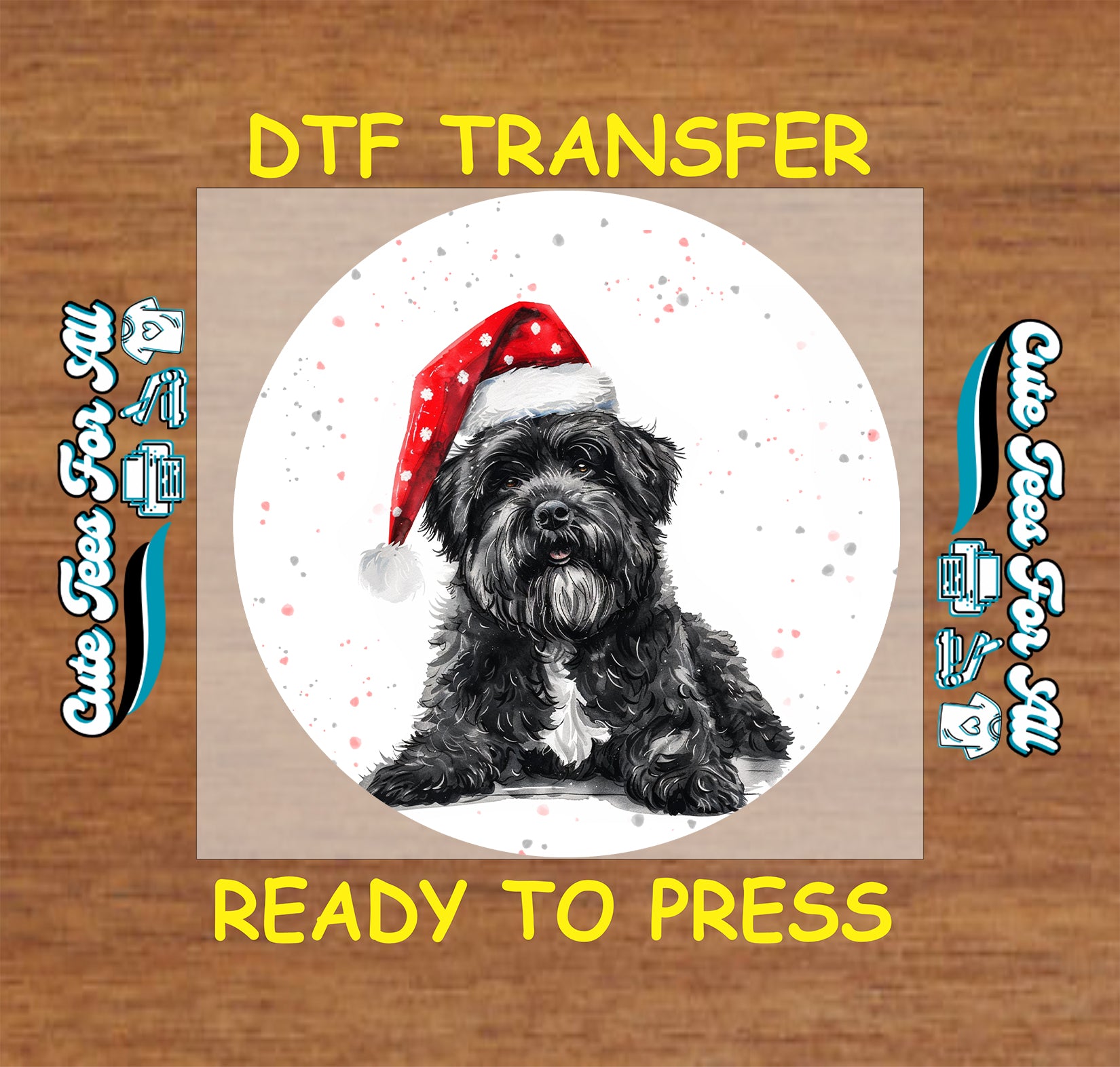 black terrier dog in santa hat round snowfall portrait ready to press dtf iron on heat transfer for diy shirts