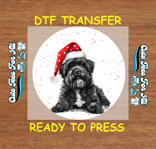 black terrier dog in santa hat round snowfall portrait ready to press dtf iron on heat transfer for diy shirts
