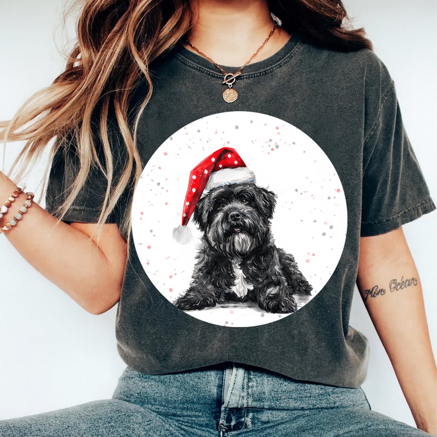 Christmas Black Terrier Santa Hat DTF Transfer – Round Snowfall Portrait Ready to Press Iron On Heat Transfer for DIY Shirts 12087