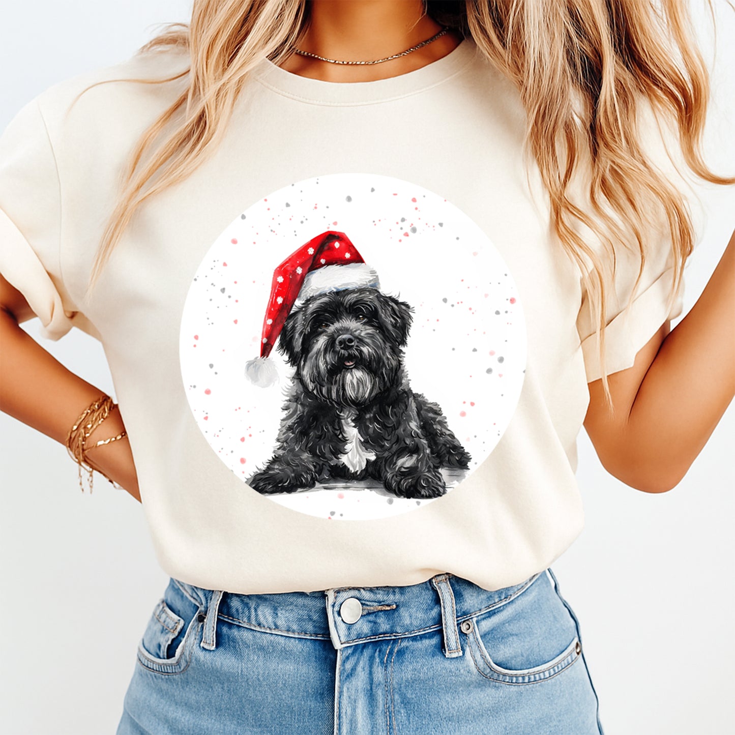 Christmas Black Terrier Santa Hat DTF Transfer – Round Snowfall Portrait Ready to Press Iron On Heat Transfer for DIY Shirts 12087