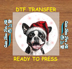 Christmas Boston Terrier Santa Hat DTF Transfer – Round Snowflake Portrait Ready to Press Iron On Heat Transfer for DIY Shirts 12088