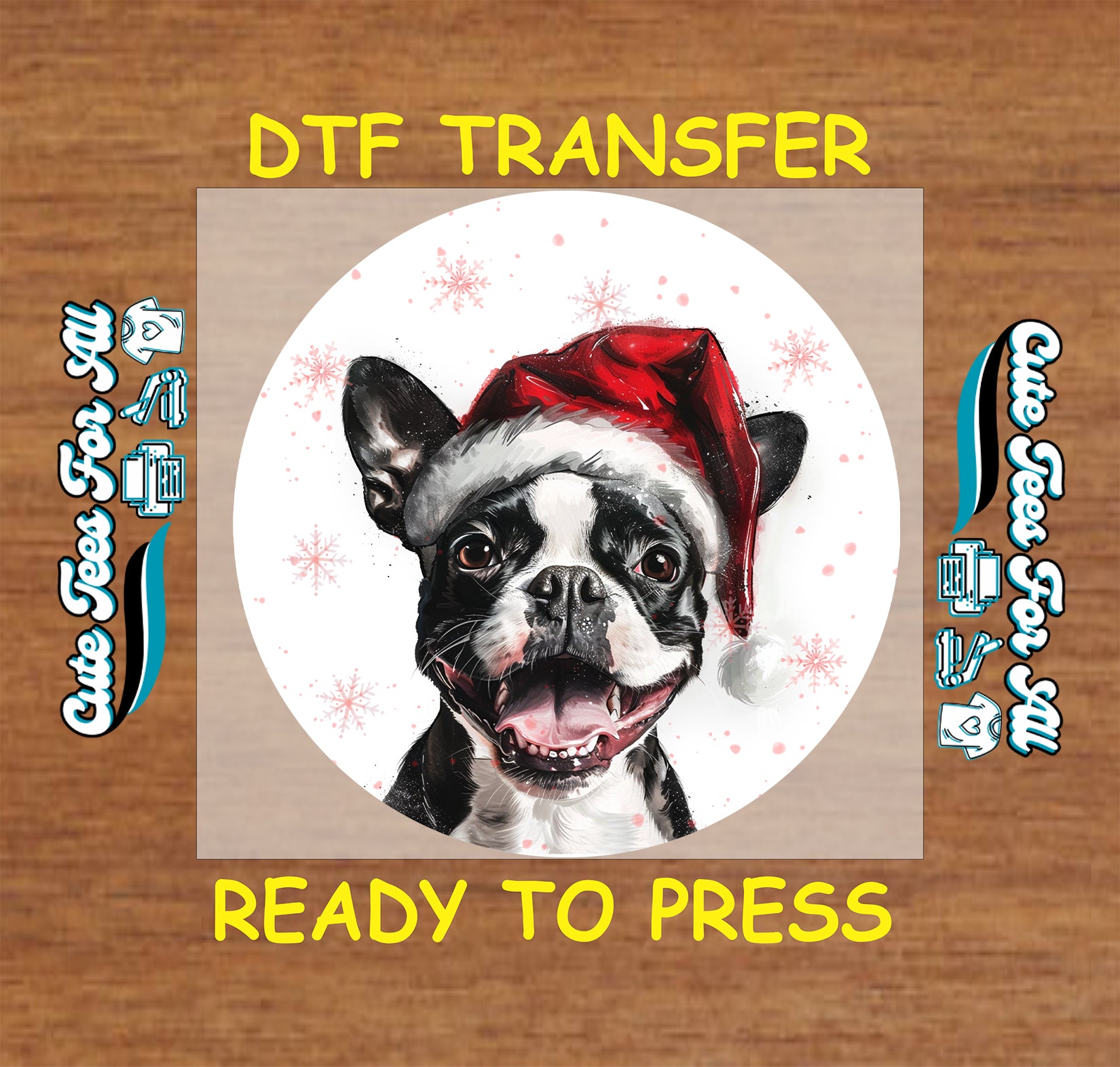 boston terrier dog in santa hat round snowflake portrait ready to press dtf iron on heat transfer for diy shirts