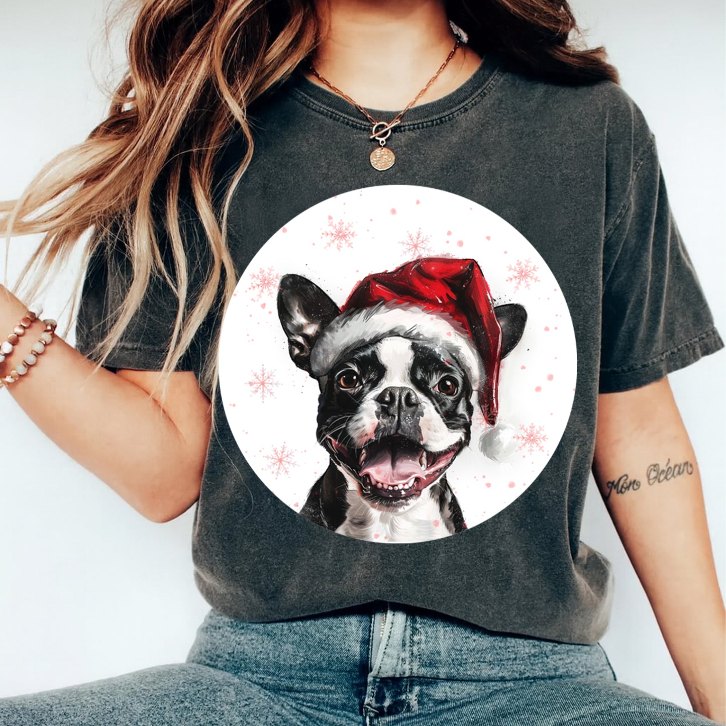 Christmas Boston Terrier Santa Hat DTF Transfer – Round Snowflake Portrait Ready to Press Iron On Heat Transfer for DIY Shirts 12088