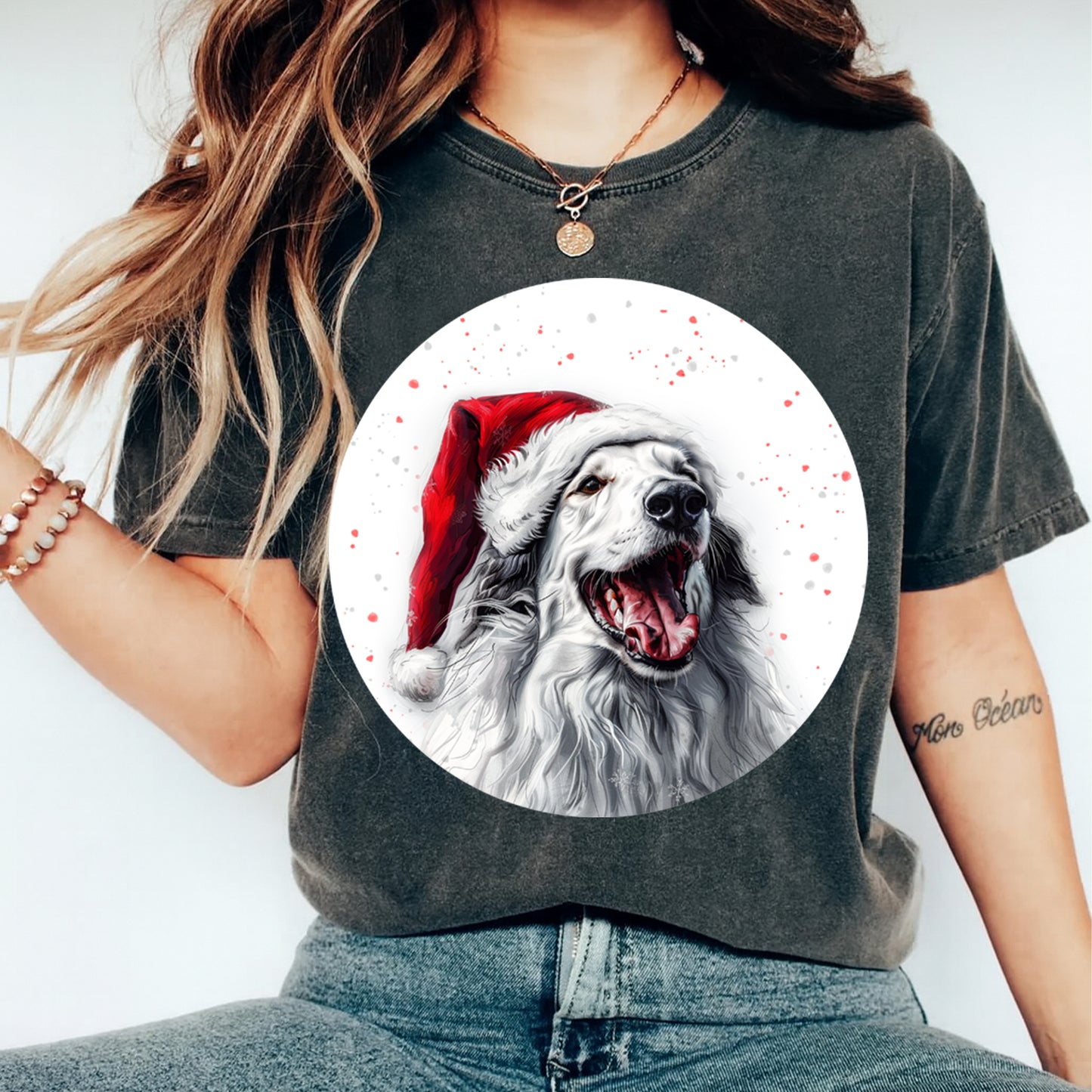 Christmas White Setter Santa Hat DTF Transfer – Round Snowfall Portrait Ready to Press Iron On Heat Transfer for DIY Shirts 12090