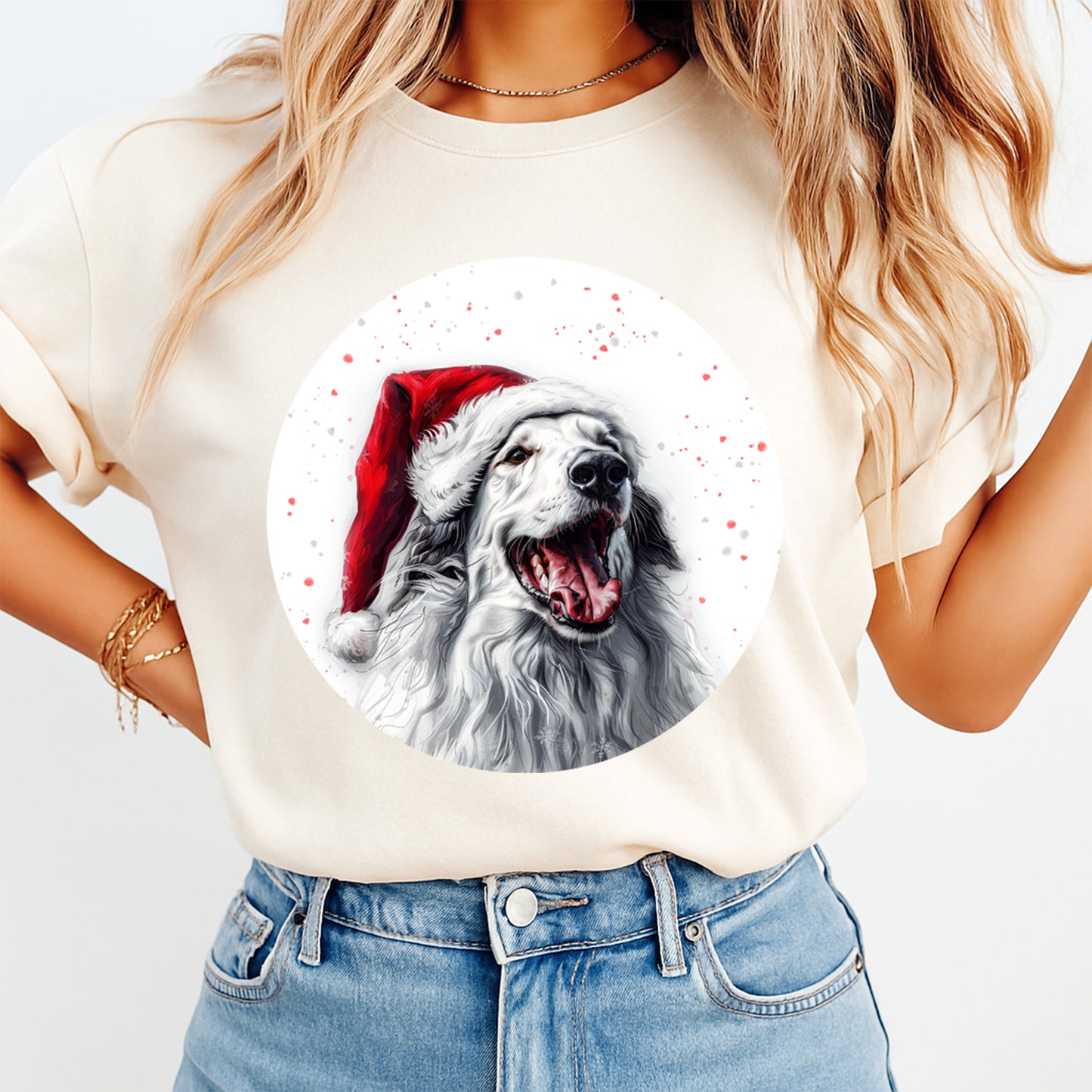 Christmas White Setter Santa Hat DTF Transfer – Round Snowfall Portrait Ready to Press Iron On Heat Transfer for DIY Shirts 12090