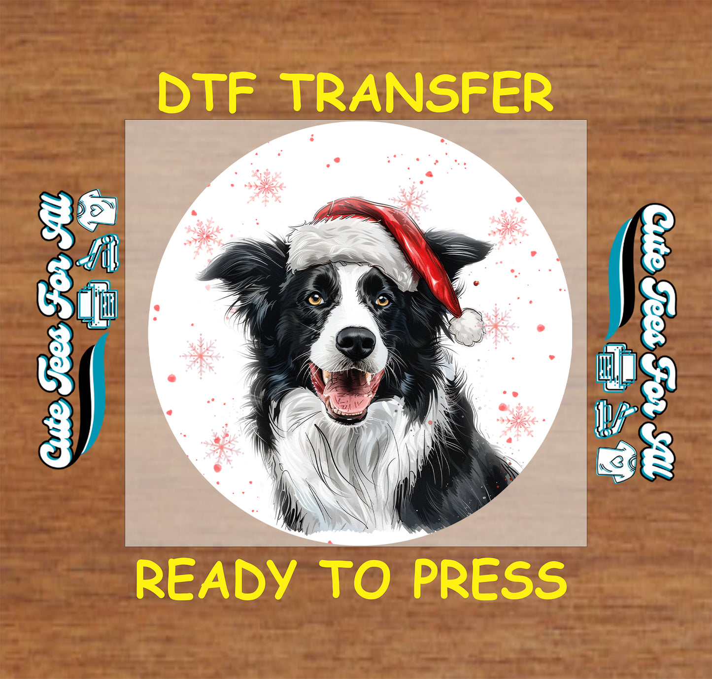 border collie dog in santa hat round snowflake portrait ready to press dtf iron on heat transfer for diy shirts