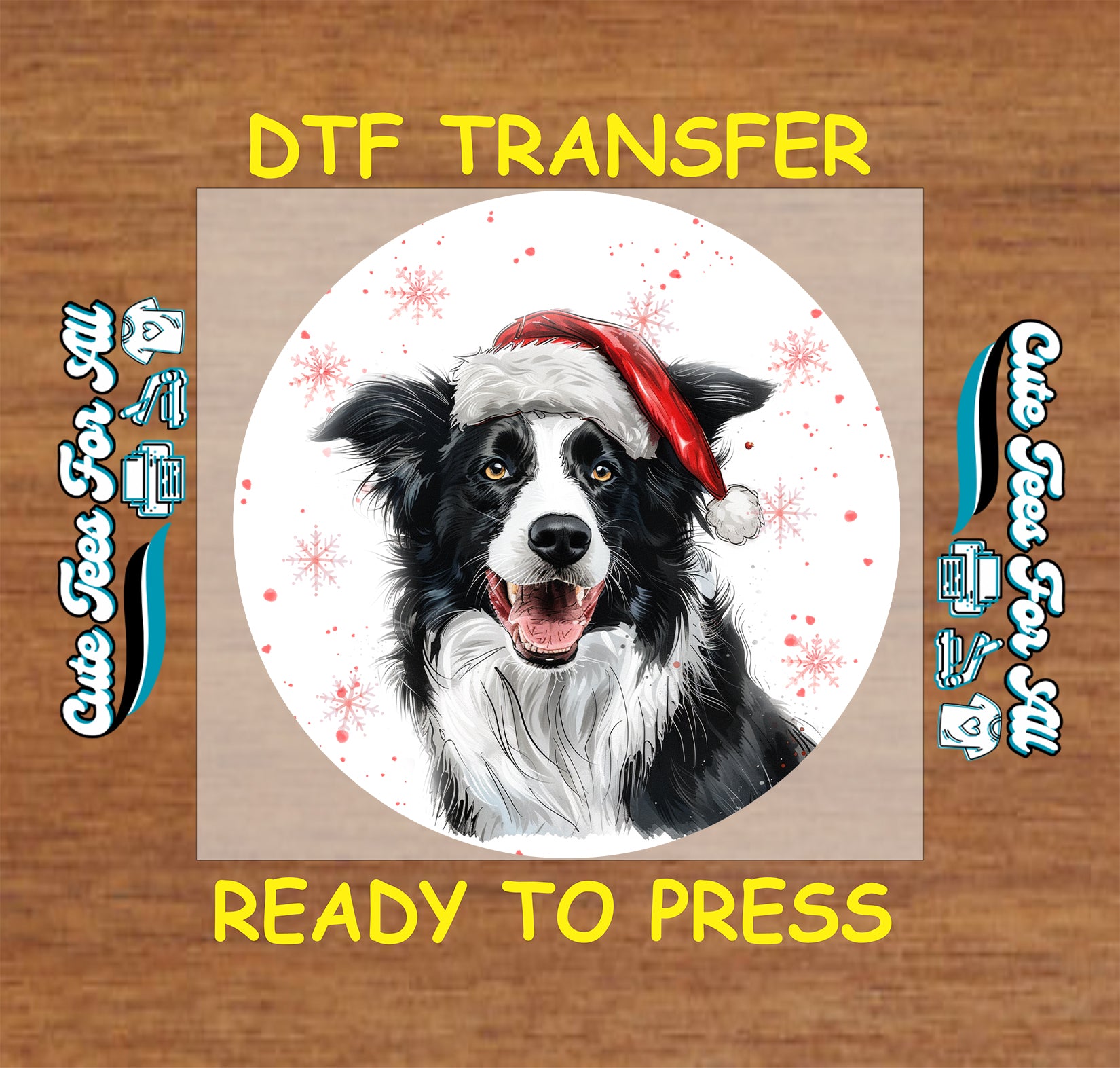 border collie dog in santa hat round snowflake portrait ready to press dtf iron on heat transfer for diy shirts