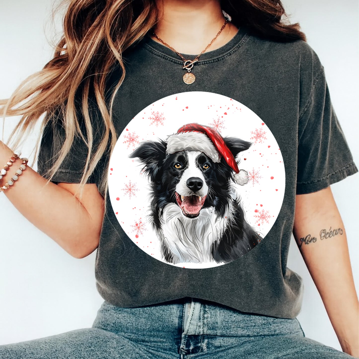 Christmas Border Collie Santa Hat DTF Transfer – Round Snowflake Portrait Ready to Press Iron On Heat Transfer for DIY Shirts 12092