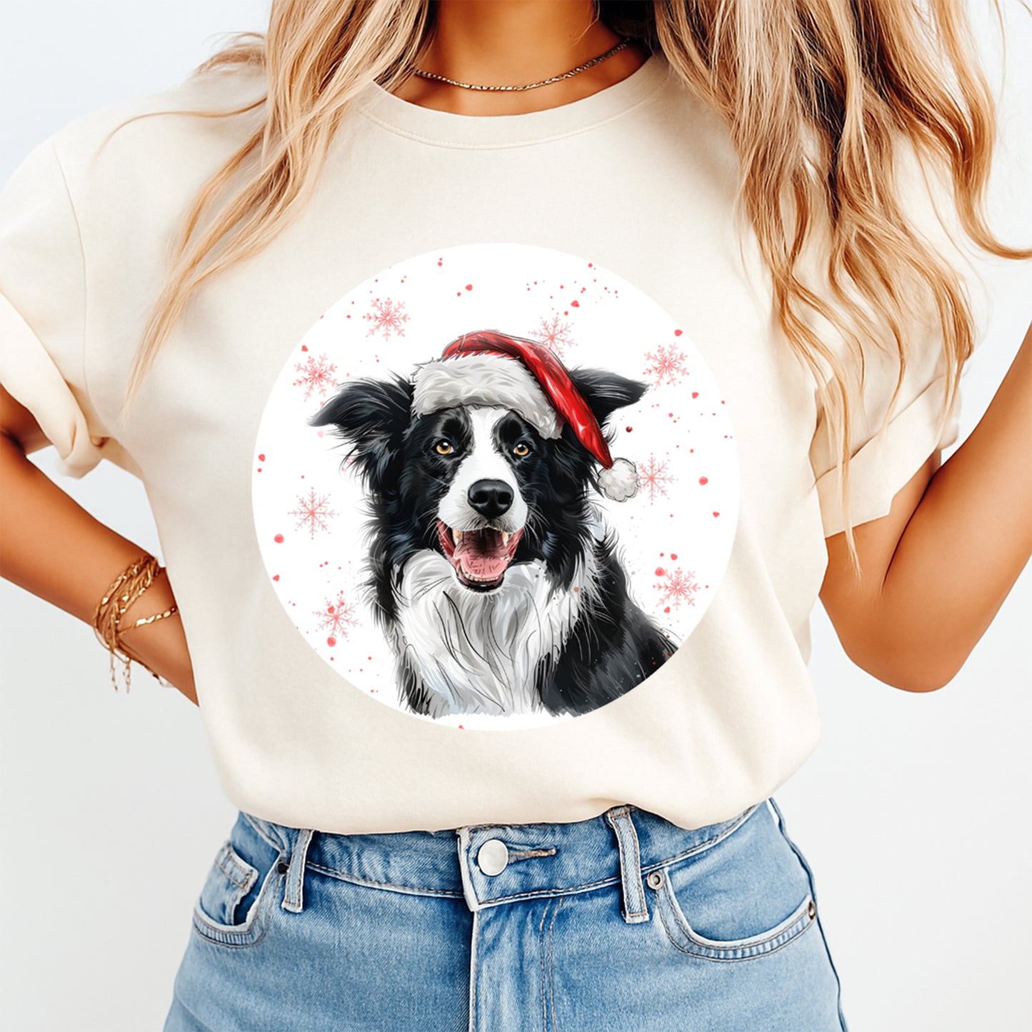 Christmas Border Collie Santa Hat DTF Transfer – Round Snowflake Portrait Ready to Press Iron On Heat Transfer for DIY Shirts 12092