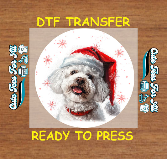 bichon frise dog in santa hat round snowflake portrait ready to press dtf iron on heat transfer for diy shirts