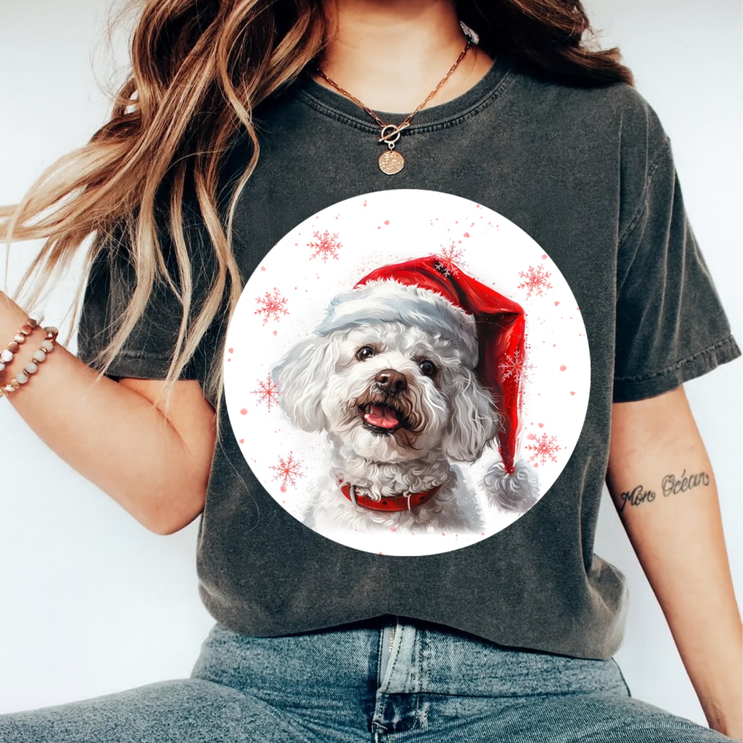 Christmas Bichon Frise Santa Hat DTF Transfer – Round Snowflake Portrait Ready to Press Iron On Heat Transfer for DIY Shirts 12094