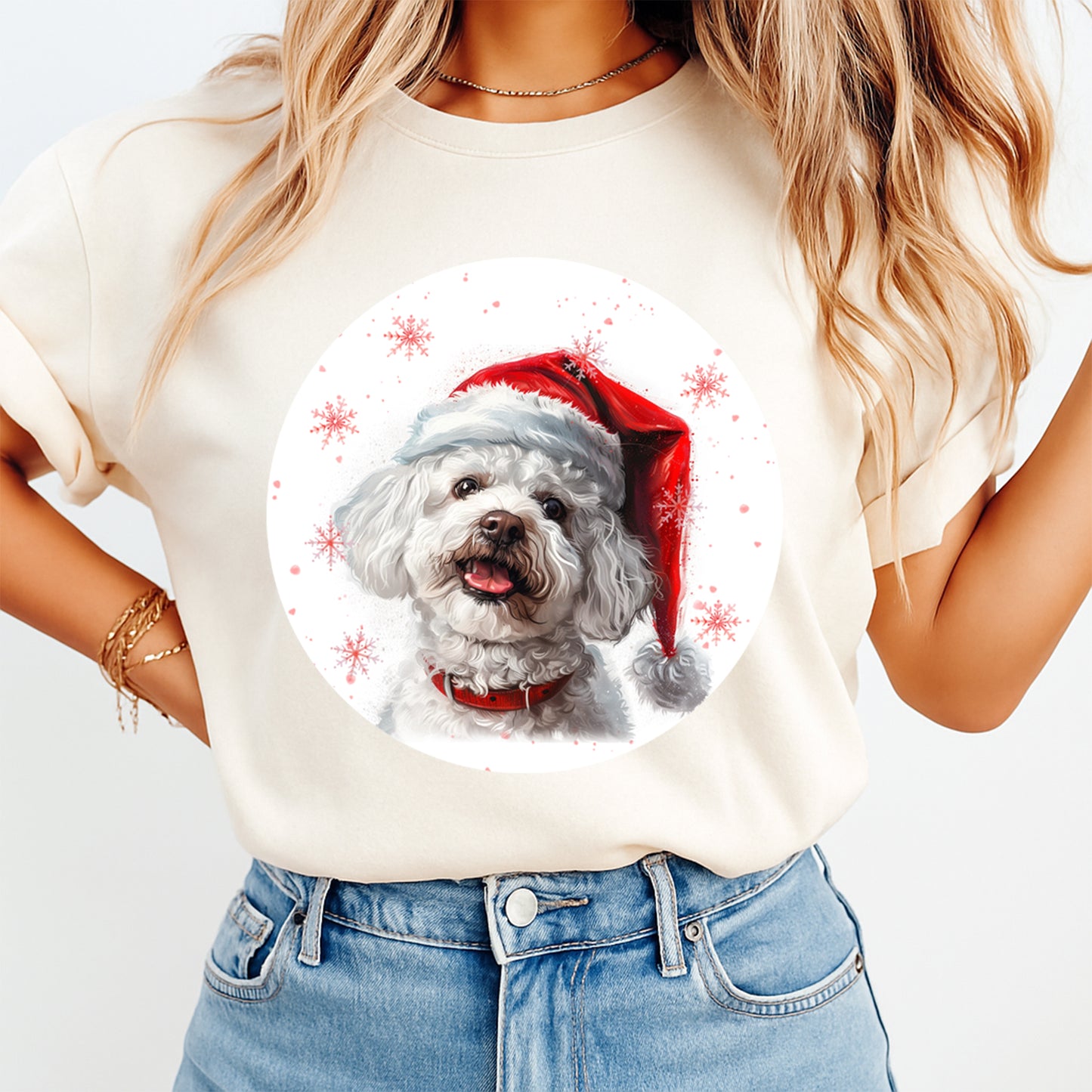 Christmas Bichon Frise Santa Hat DTF Transfer – Round Snowflake Portrait Ready to Press Iron On Heat Transfer for DIY Shirts 12094