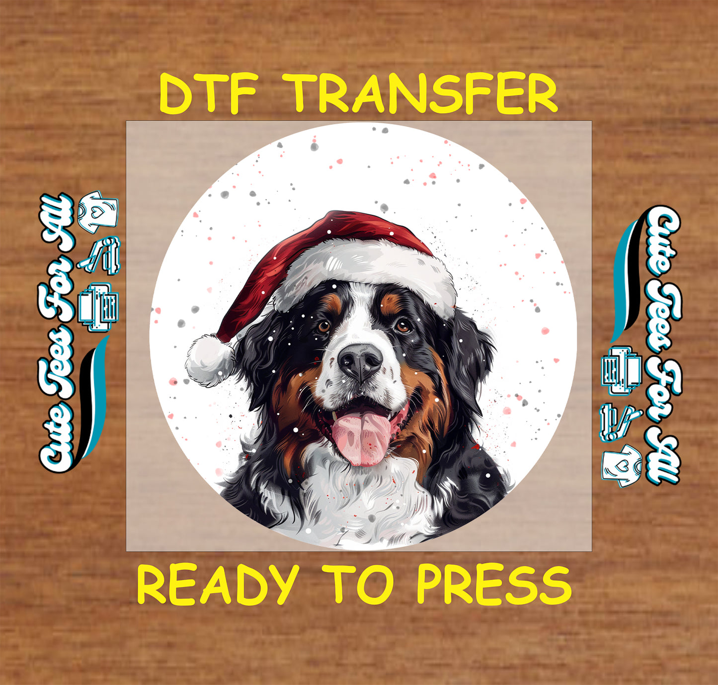 bernese mountain dog in santa hat round snowfall portrait ready to press dtf iron on heat transfer for diy shirts