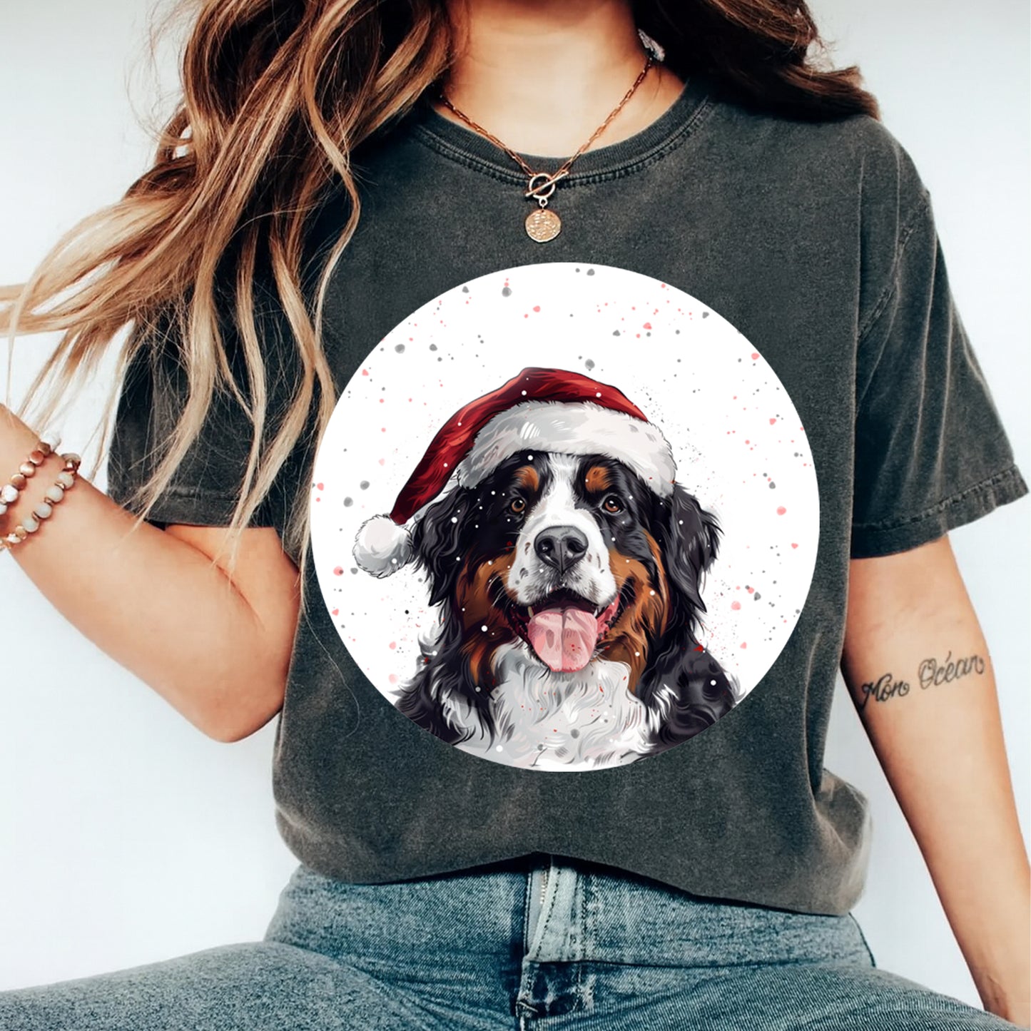 Christmas Bernese Mountain Dog Santa Hat DTF Transfer – Round Snowfall Portrait Ready to Press Iron On Heat Transfer for DIY Shirts 12096