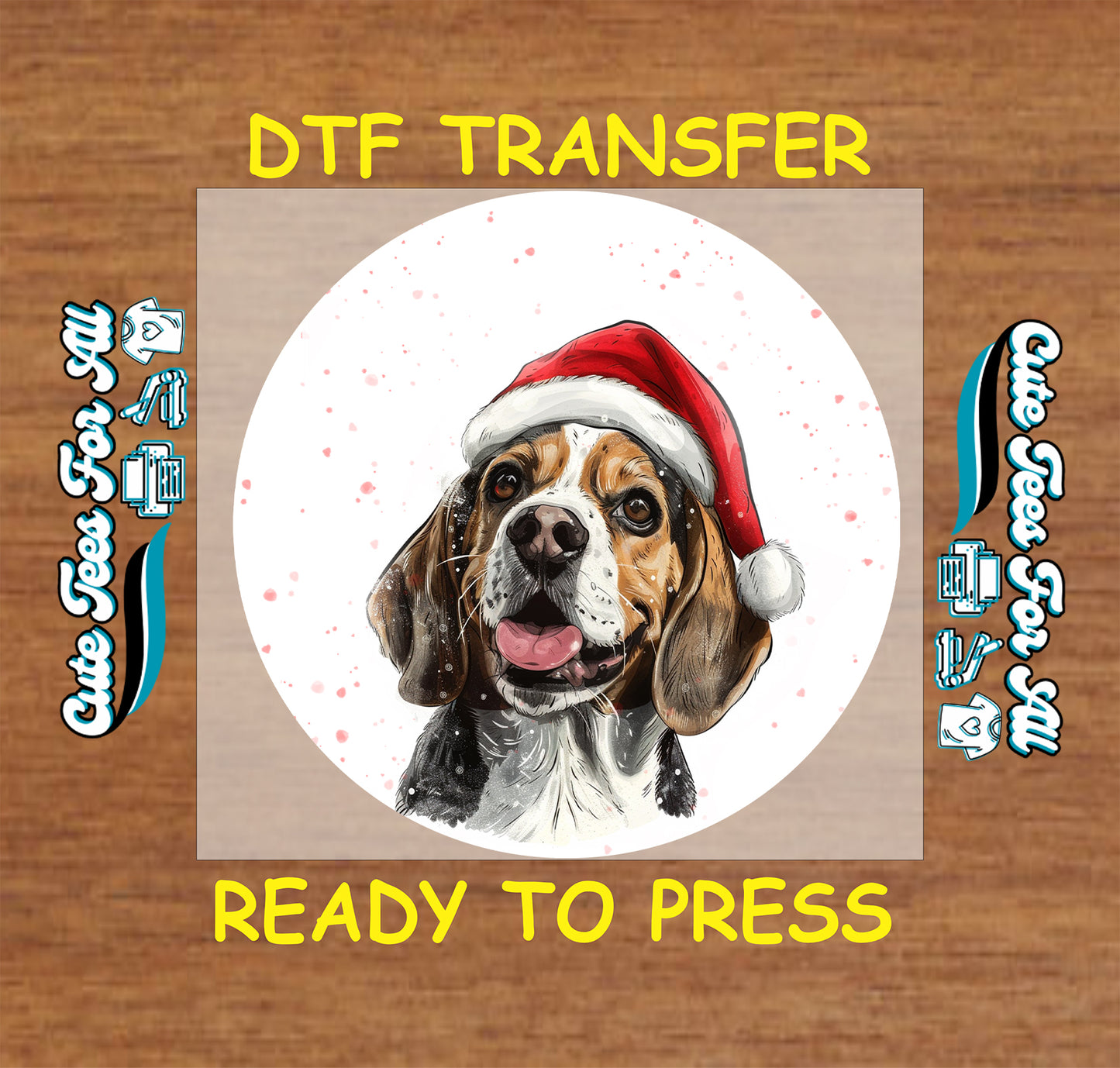 beagle dog in santa hat round snowfall portrait ready to press dtf iron on heat transfer for diy shirts