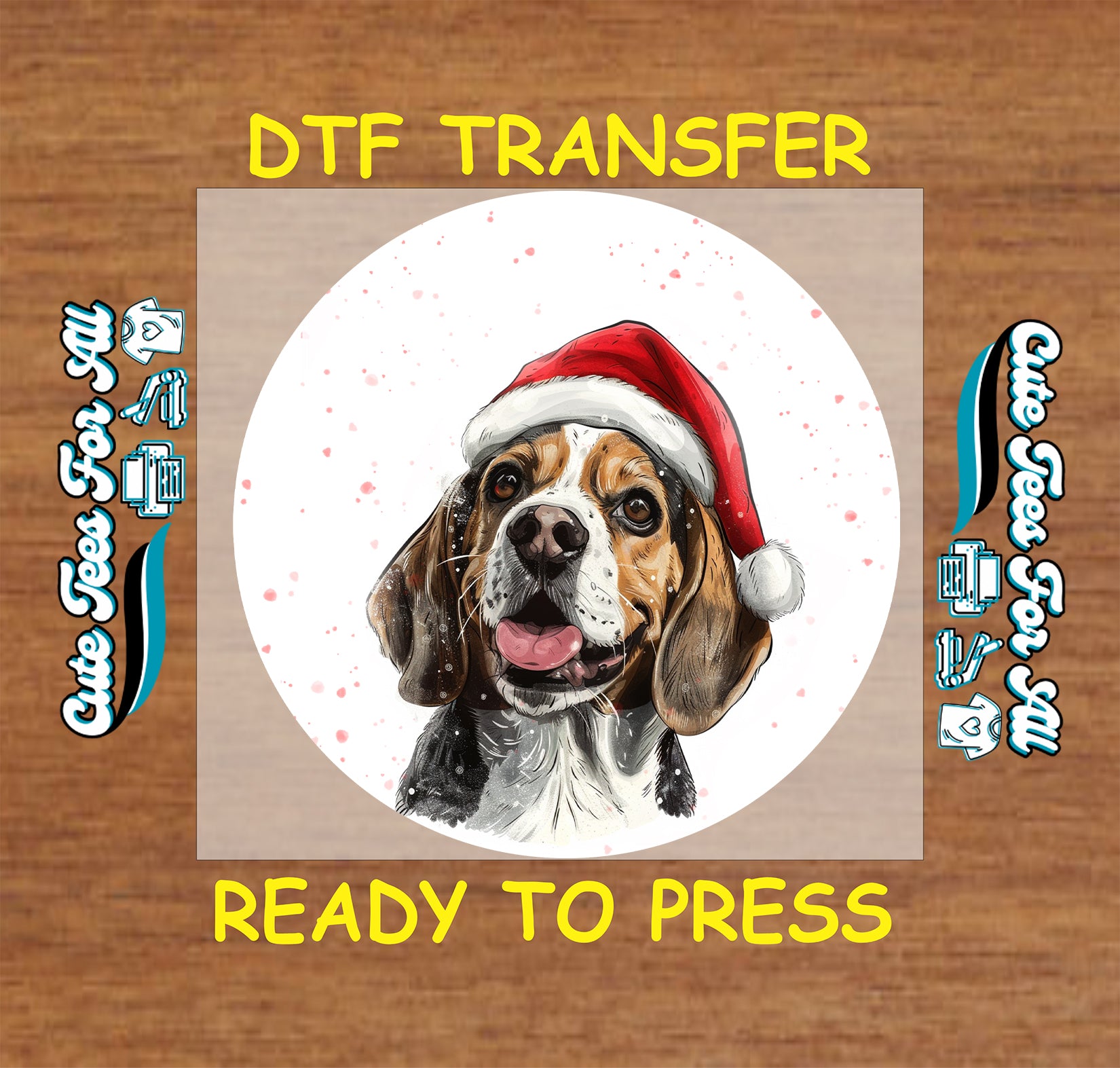 beagle dog in santa hat round snowfall portrait ready to press dtf iron on heat transfer for diy shirts