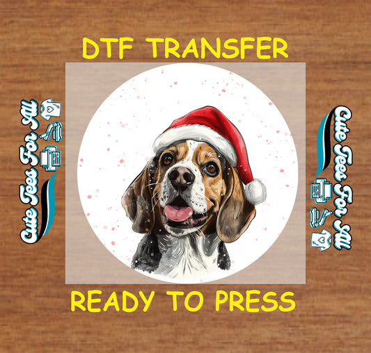 beagle dog in santa hat round snowfall portrait ready to press dtf iron on heat transfer for diy shirts