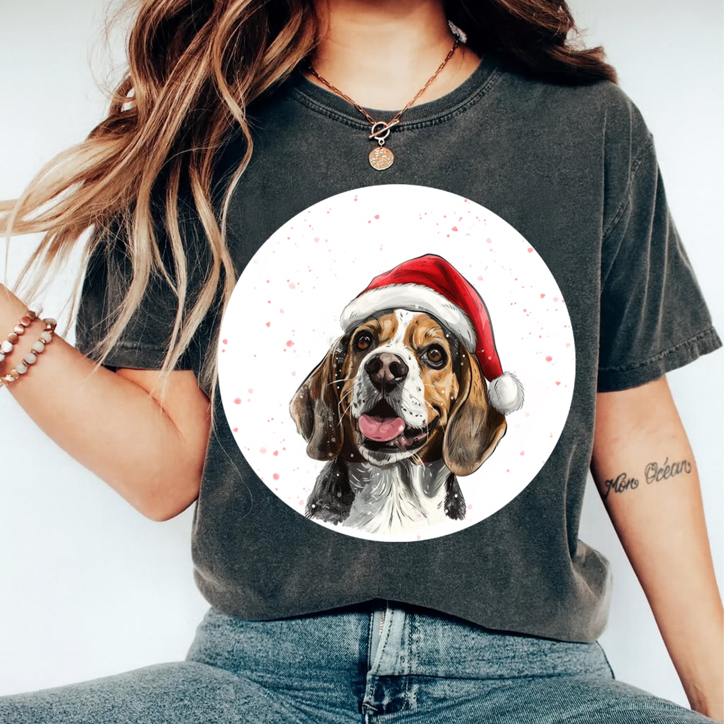 Christmas Beagle Santa Hat DTF Transfer – Round Snowfall Portrait Ready to Press Iron On Heat Transfer for DIY Shirts 12097