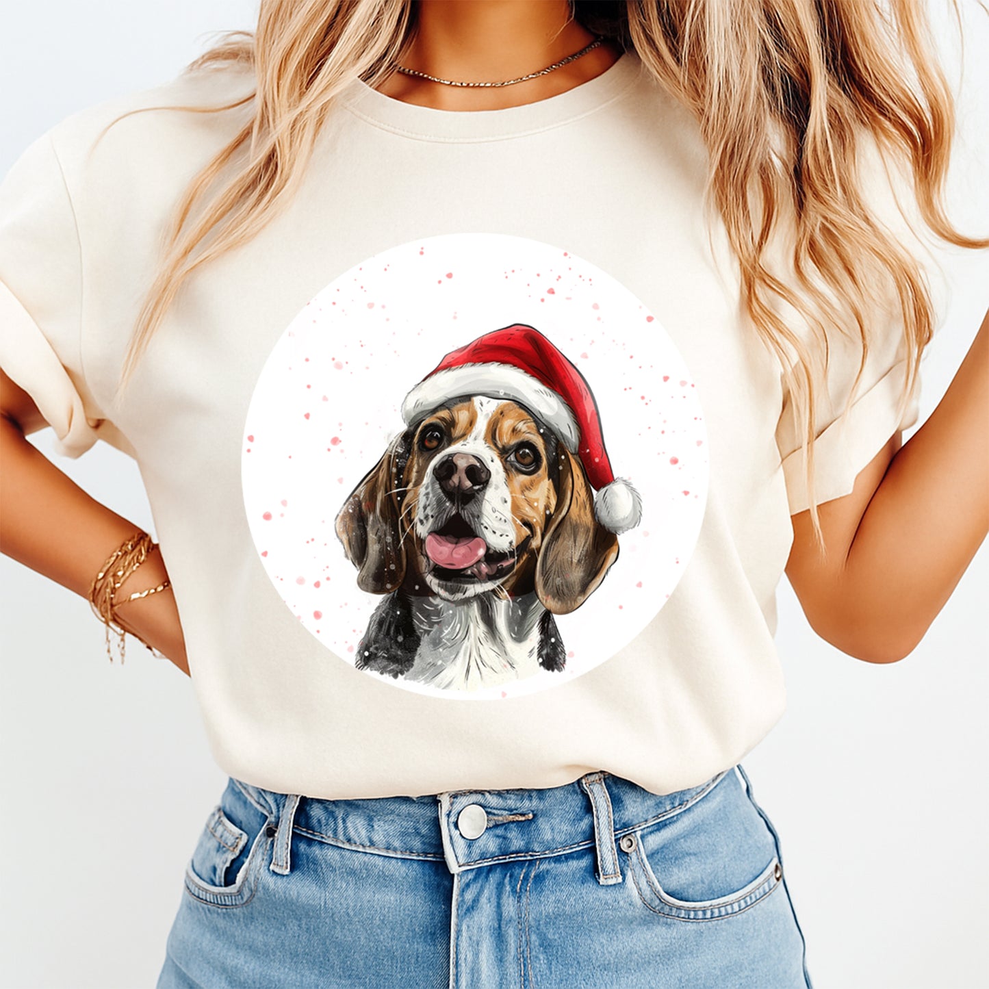 Christmas Beagle Santa Hat DTF Transfer – Round Snowfall Portrait Ready to Press Iron On Heat Transfer for DIY Shirts 12097