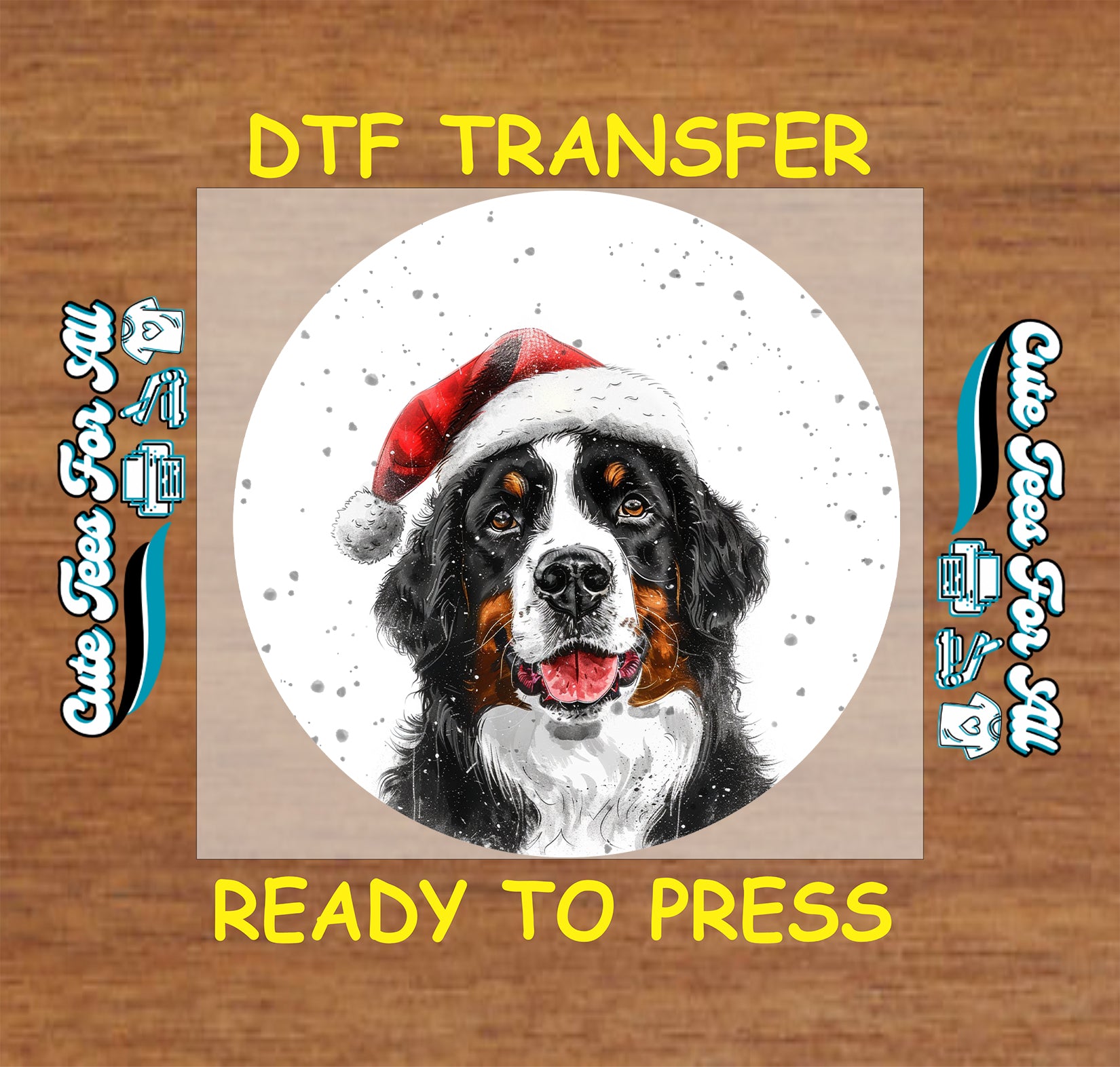 bernese mountain dog in santa hat round snowfall portrait ready to press dtf iron on heat transfer for diy shirts
