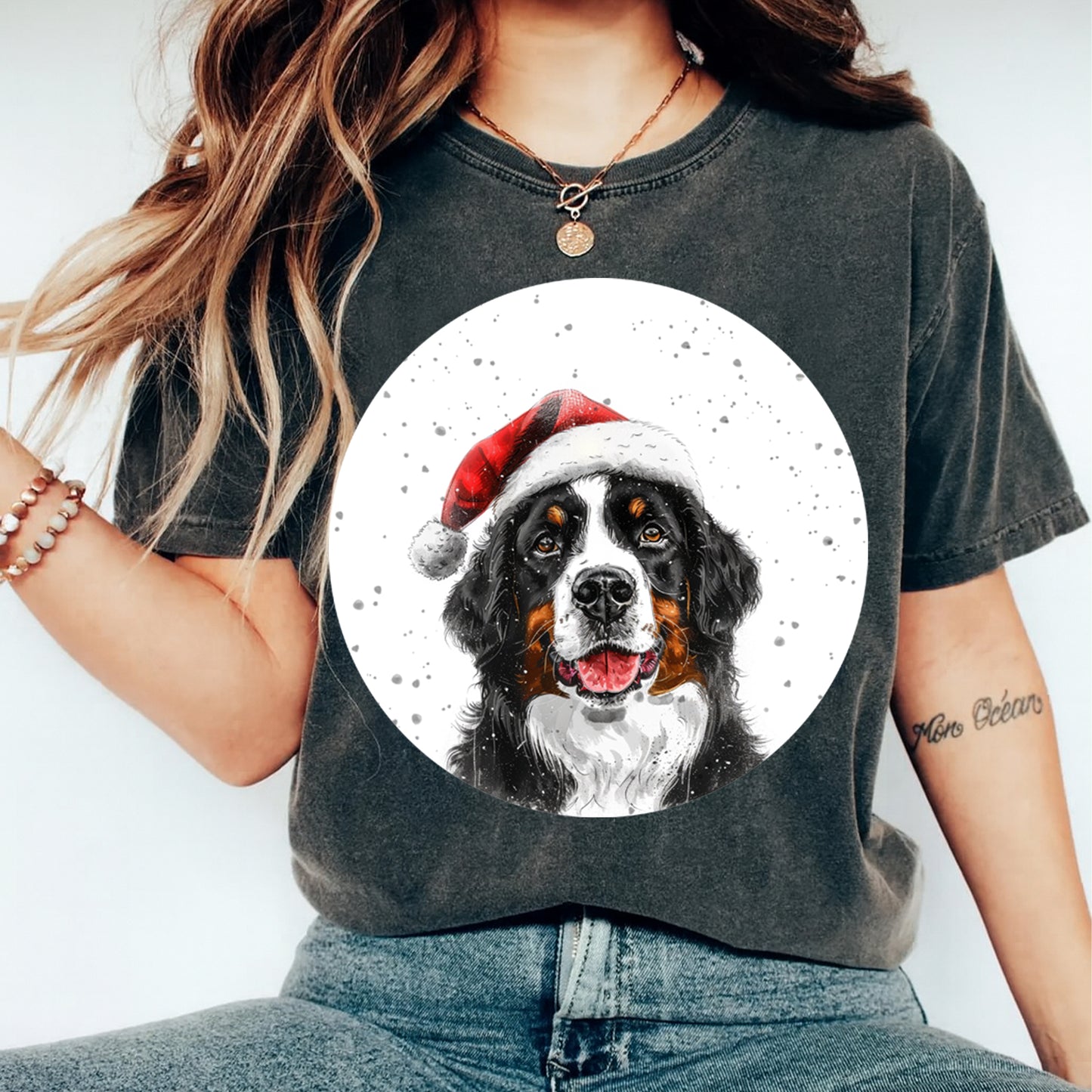 Christmas Bernese Mountain Dog Santa Hat DTF Transfer – Round Snowfall Portrait Ready to Press Iron On Heat Transfer for DIY Shirts 12100
