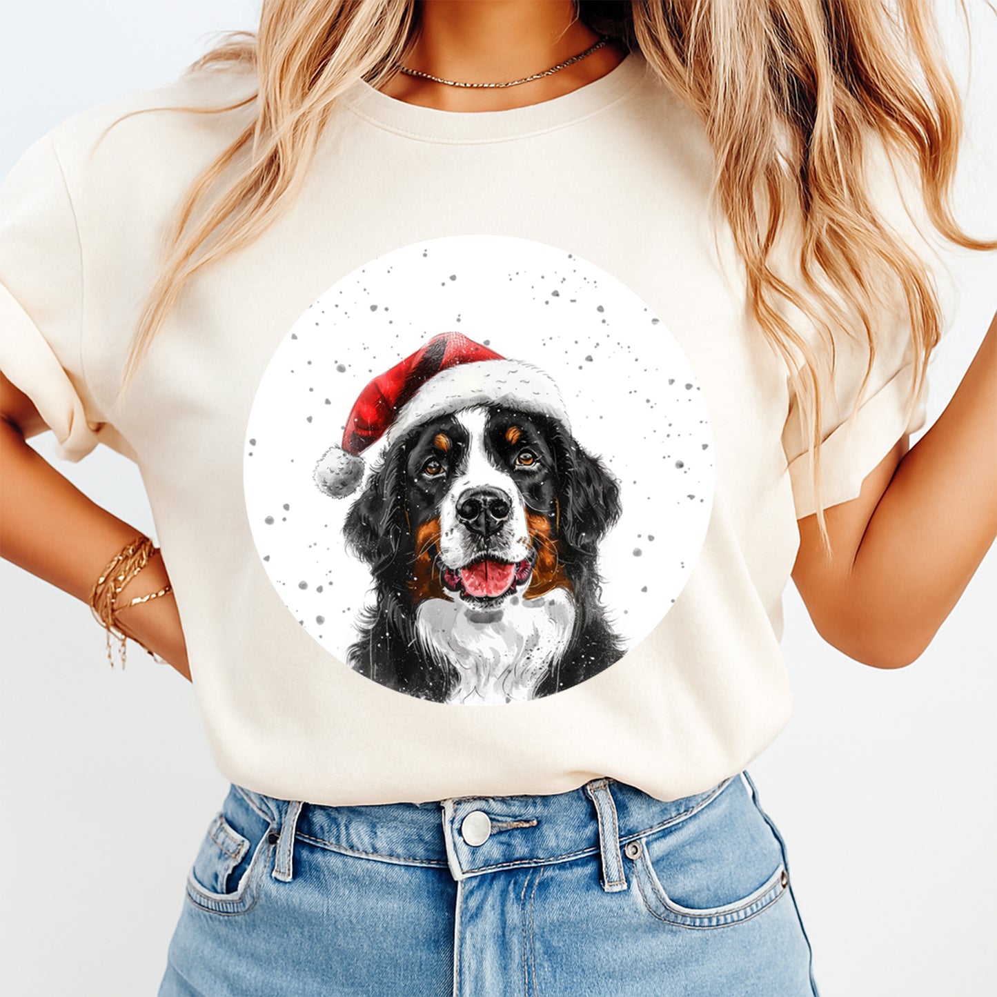 Christmas Bernese Mountain Dog Santa Hat DTF Transfer – Round Snowfall Portrait Ready to Press Iron On Heat Transfer for DIY Shirts 12100