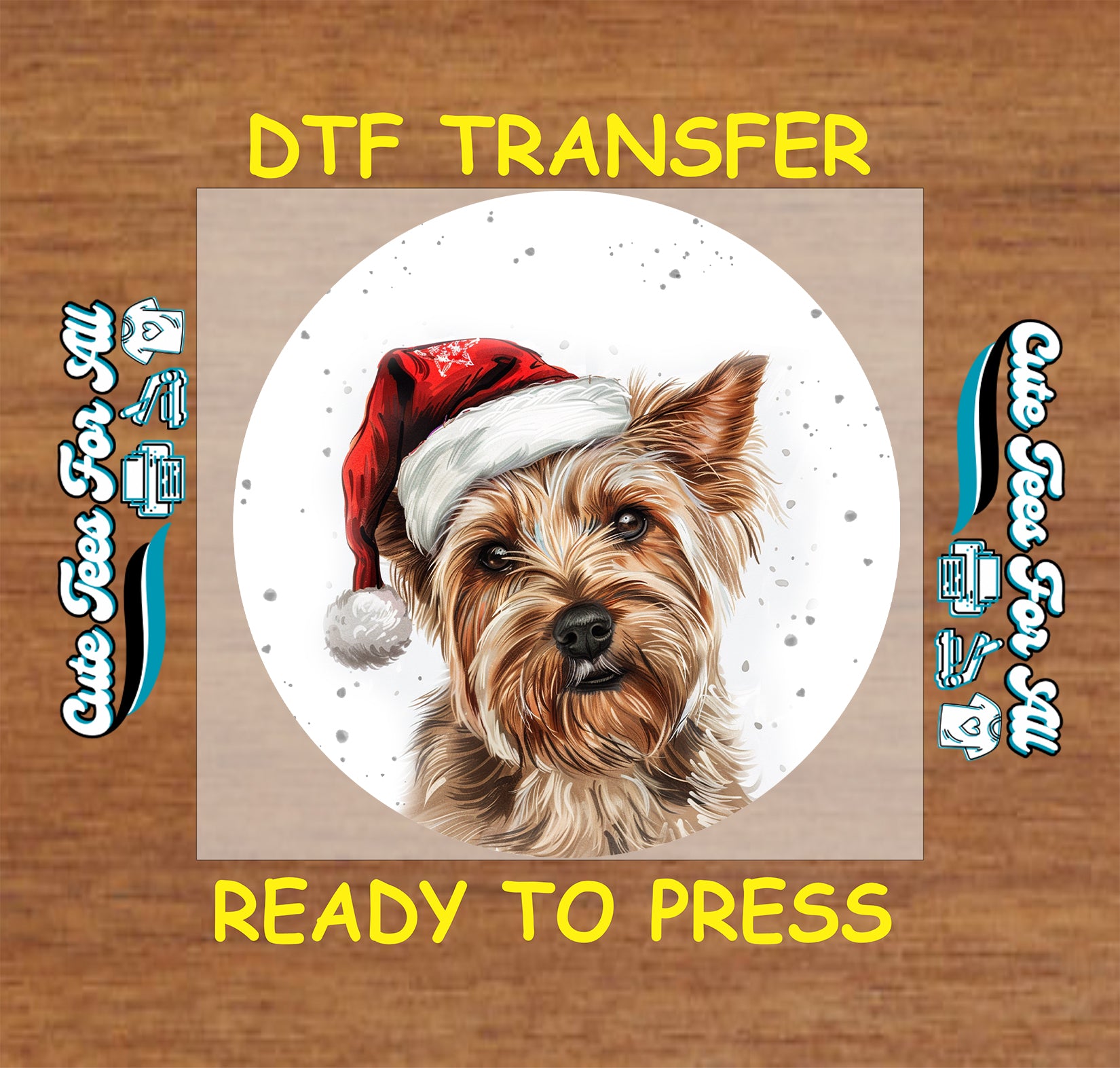 yorkie dog in santa hat round snowfall portrait ready to press dtf iron on heat transfer for diy shirts