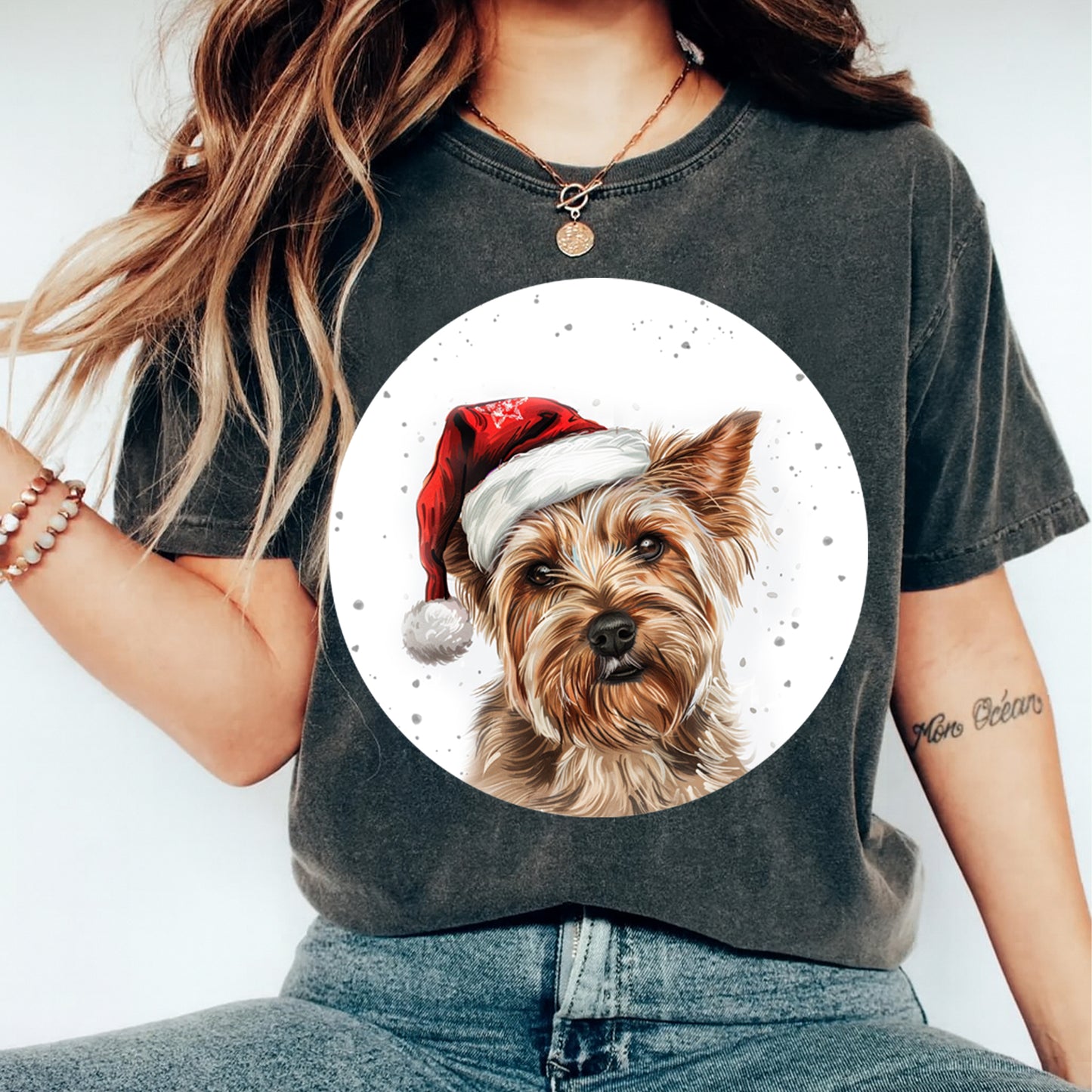 Christmas Yorkie Santa Hat DTF Transfer – Round Snowfall Portrait Ready to Press Iron On Heat Transfer for DIY Shirts 12101