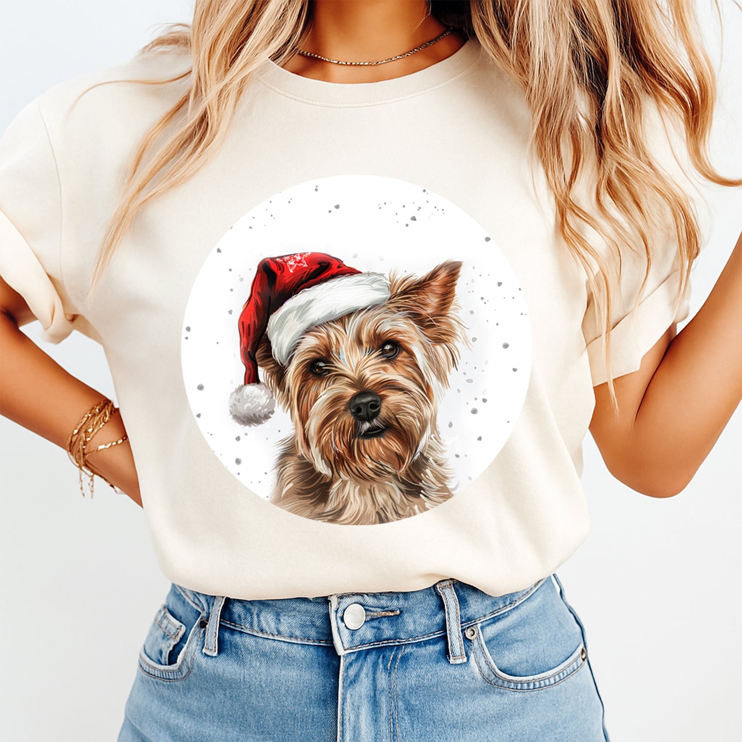 Christmas Yorkie Santa Hat DTF Transfer – Round Snowfall Portrait Ready to Press Iron On Heat Transfer for DIY Shirts 12101