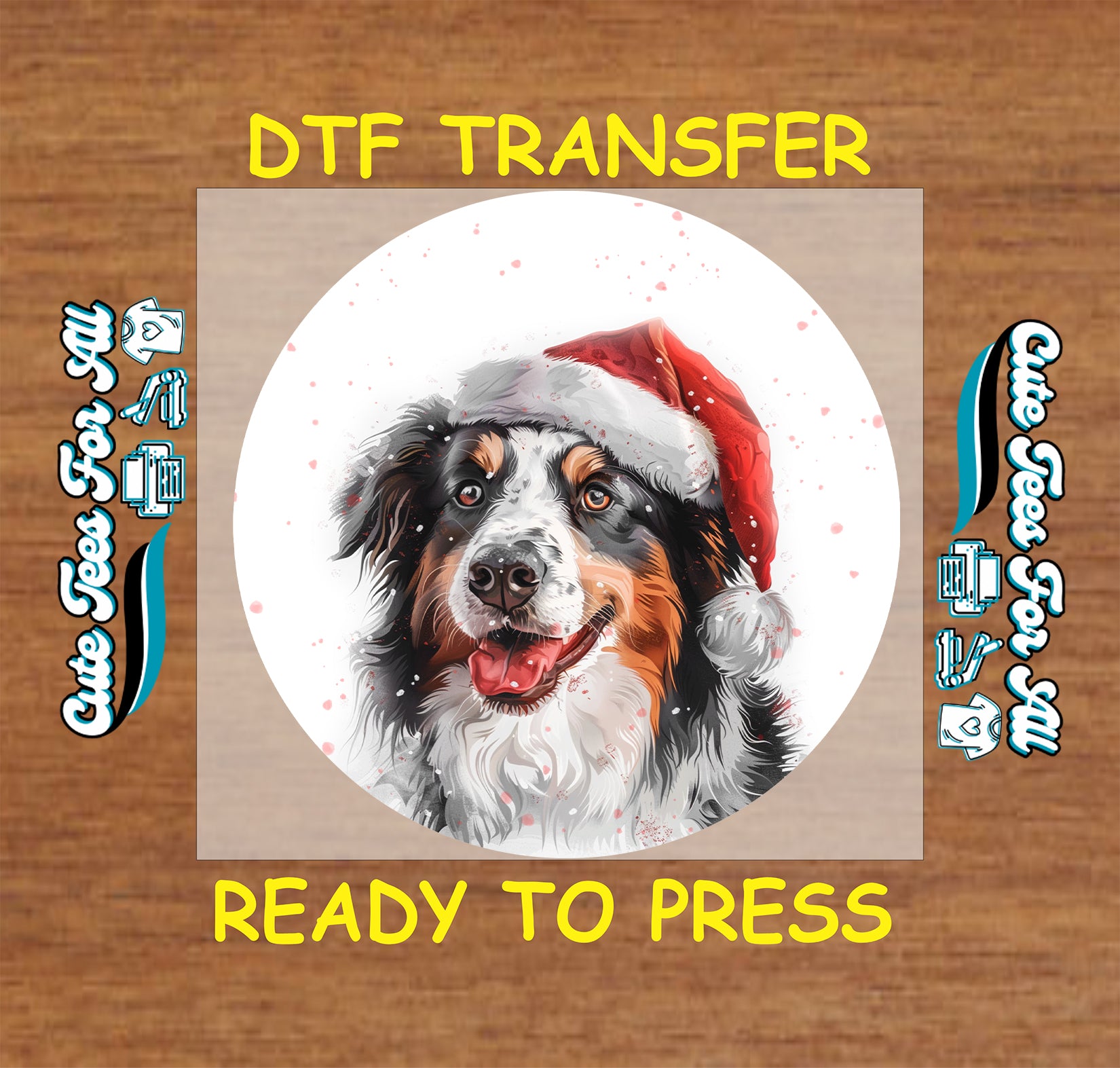 australian shepherd dog in santa hat round snowfall portrait ready to press dtf iron on heat transfer for diy shirts