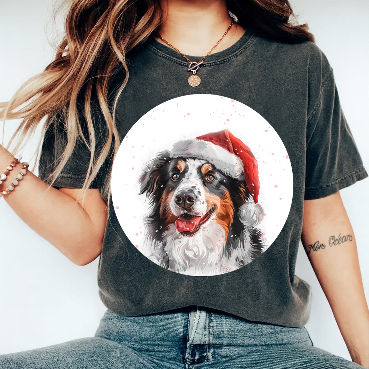 Christmas Australian Shepherd Santa Hat DTF Transfer – Round Snowfall Portrait Ready to Press Iron On Heat Transfer for DIY Shirts 12103