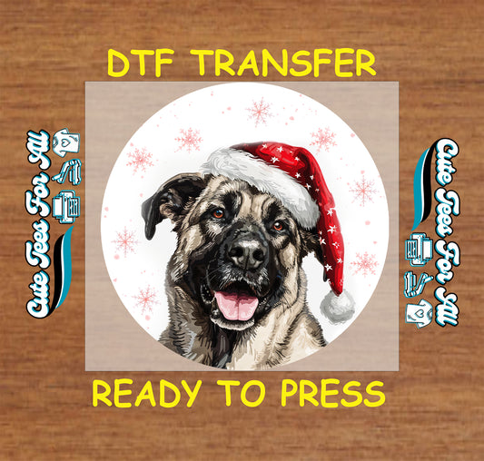 shepherd mix dog in santa hat round snowflake portrait ready to press dtf iron on heat transfer for diy shirts