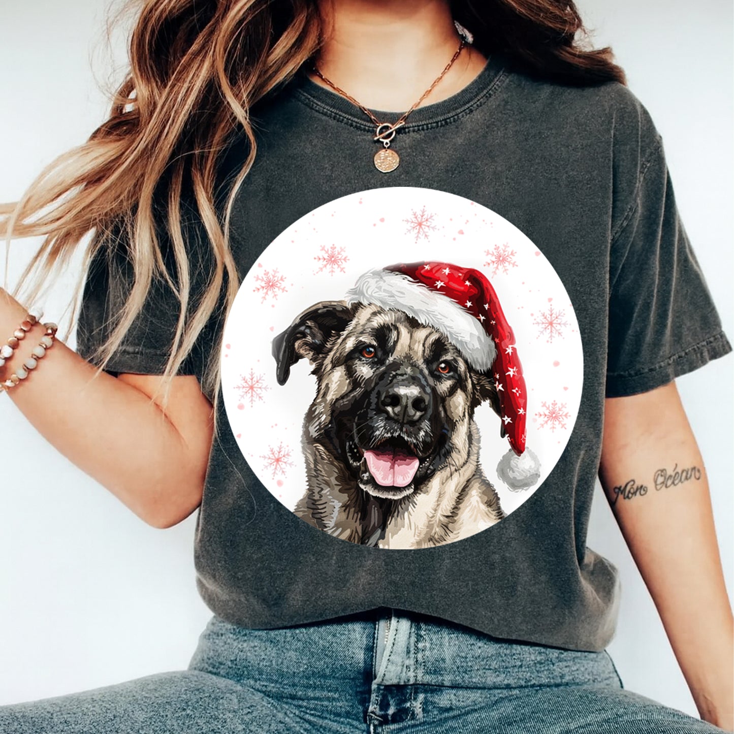 Christmas Shepherd Mix Santa Hat DTF Transfer – Round Snowflake Portrait Ready to Press Iron On Heat Transfer for DIY Shirts 12105