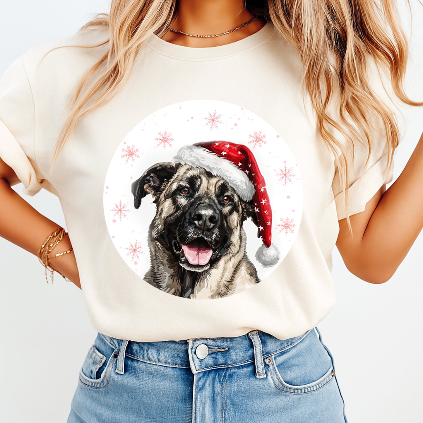 Christmas Shepherd Mix Santa Hat DTF Transfer – Round Snowflake Portrait Ready to Press Iron On Heat Transfer for DIY Shirts 12105