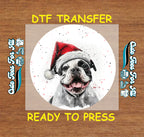 Christmas Bulldog Santa Hat DTF Transfer – Round Snowfall Portrait Ready to Press Iron On Heat Transfer for DIY Shirts 12107