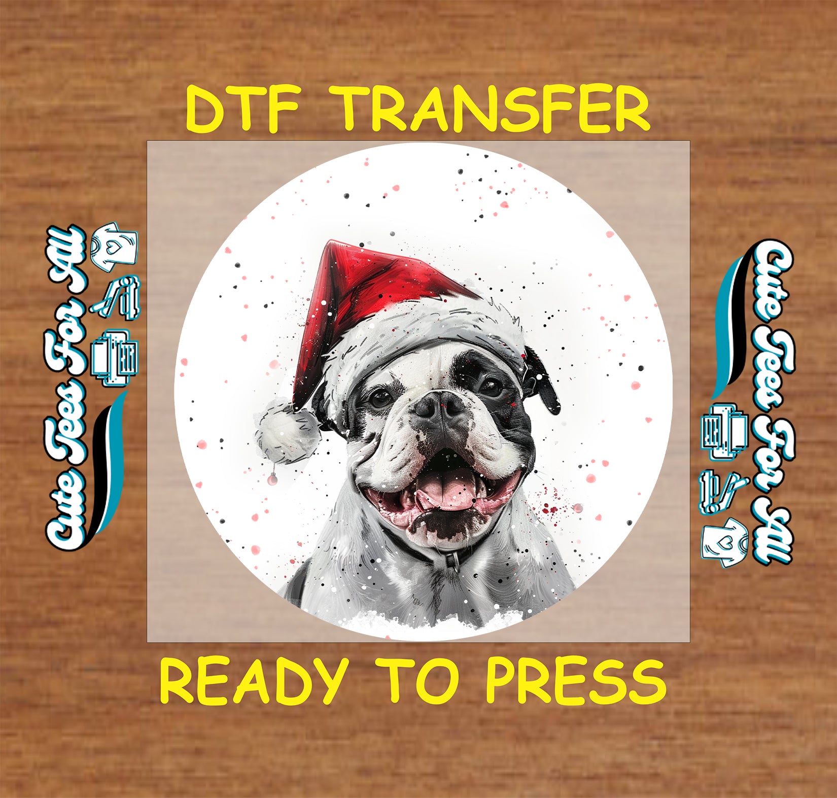 bulldog dog in santa hat round snowfall portrait ready to press dtf iron on heat transfer for diy shirts