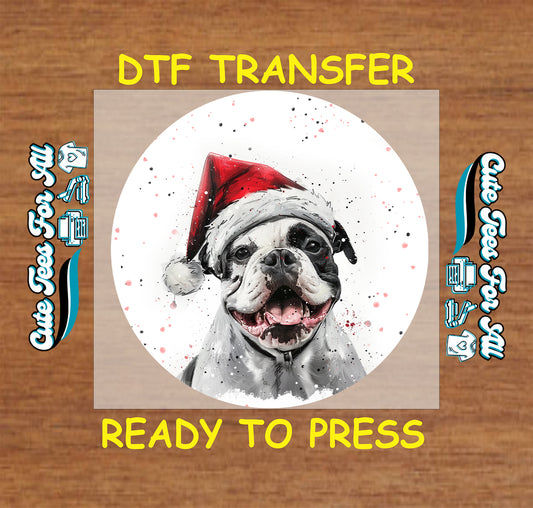bulldog dog in santa hat round snowfall portrait ready to press dtf iron on heat transfer for diy shirts