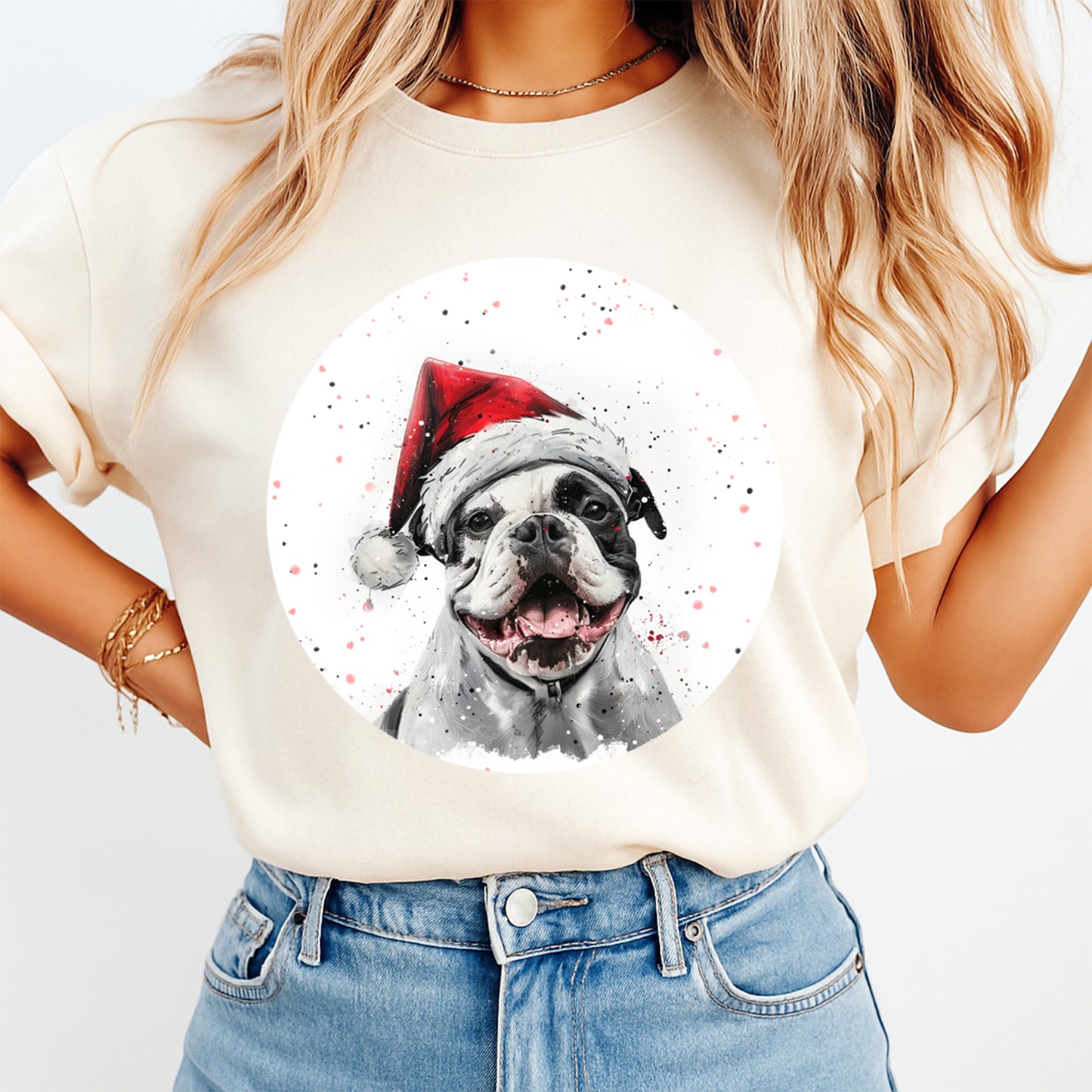 Christmas Bulldog Santa Hat DTF Transfer – Round Snowfall Portrait Ready to Press Iron On Heat Transfer for DIY Shirts 12107