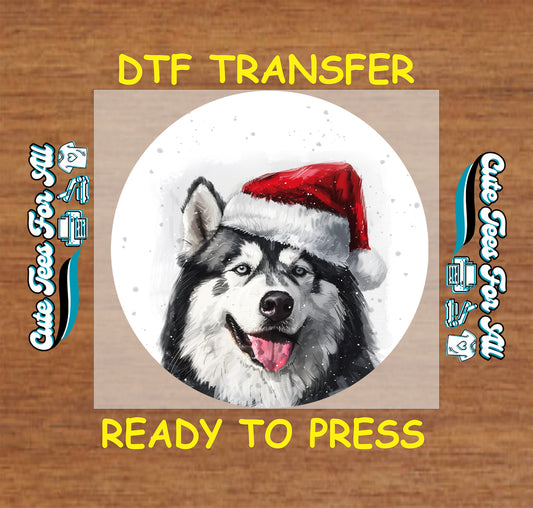 Christmas husky with Santa hat ready to press dtf iron on heat transfer
