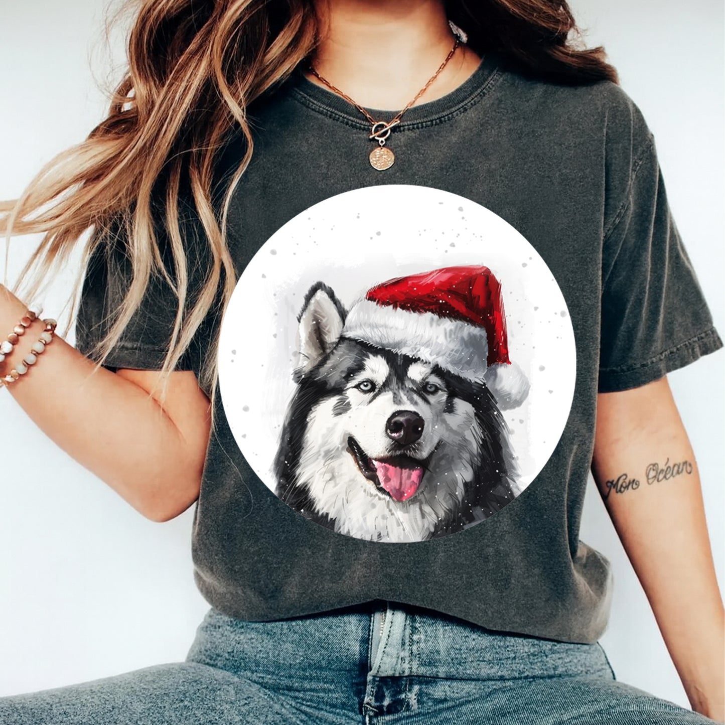 Christmas Dog Husky Santa Hat DTF Transfer – Ready to Press Iron On Heat Transfer for DIY Shirts 12109