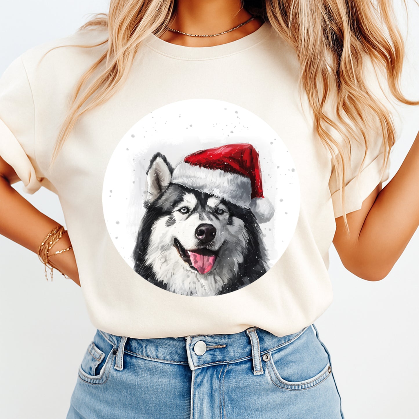 Christmas Dog Husky Santa Hat DTF Transfer – Ready to Press Iron On Heat Transfer for DIY Shirts 12109