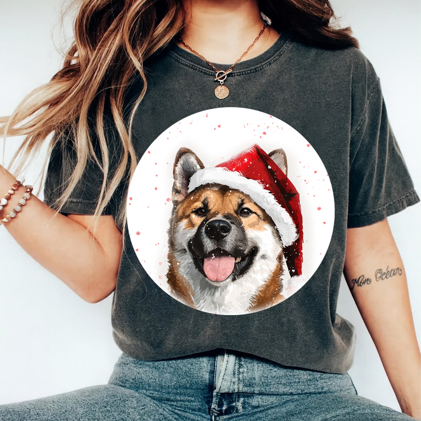 Christmas Dog in Santa Hat DTF Transfer – Ready to Press Iron On Heat Transfer for DIY Christmas Shirts 12111