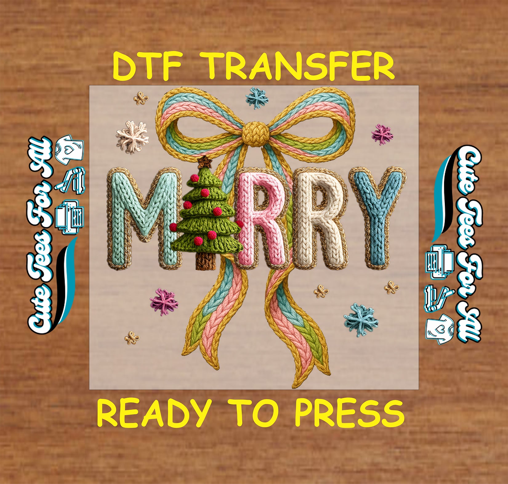 knit yarn marry text with christmas bow ready to press dtf iron on heat transfer for diy christmas shirts