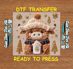Christmas Highland Cow Coffee Lover DTF Transfer – Knitted Beanie & Plaid Scarf Ready to Press Iron On Heat Transfer for DIY Christmas Shirts 12121