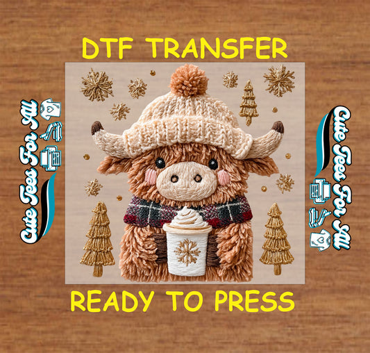 Christmas highland cow in knit beanie and plaid scarf holding coffee cup with gold trees and snowflakes, ready to press dtf iron on heat transfer for DIY Christmas shirts