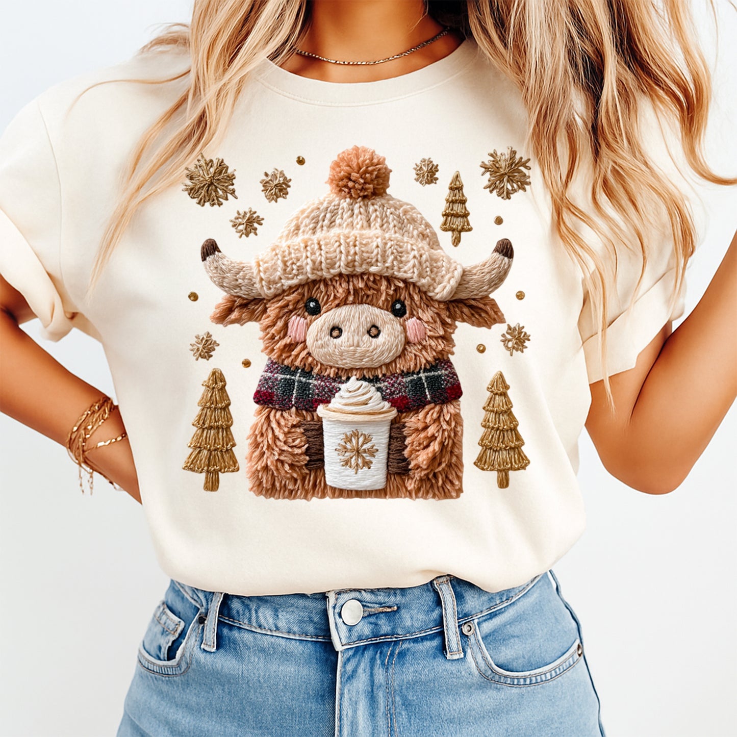 Christmas Highland Cow Coffee Lover DTF Transfer – Knitted Beanie & Plaid Scarf Ready to Press Iron On Heat Transfer for DIY Christmas Shirts 12121