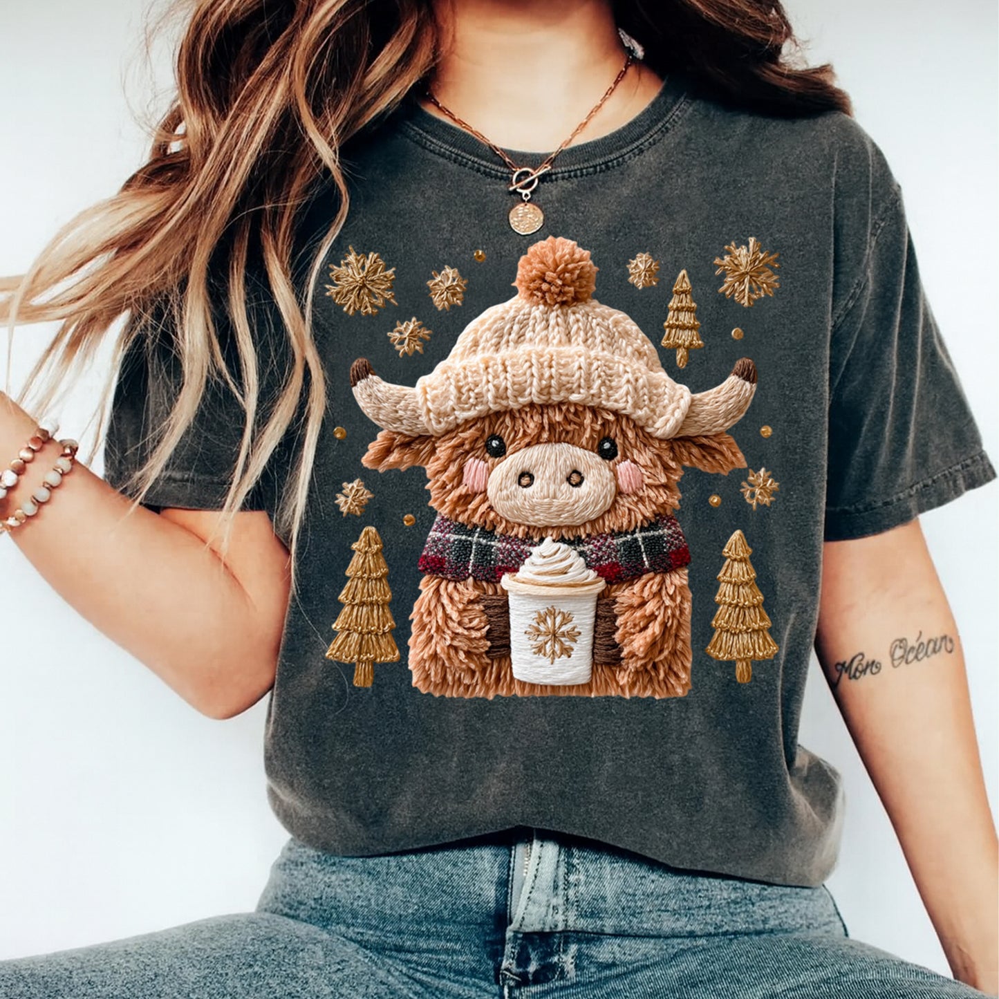 Christmas Highland Cow Coffee Lover DTF Transfer – Knitted Beanie & Plaid Scarf Ready to Press Iron On Heat Transfer for DIY Christmas Shirts 12121