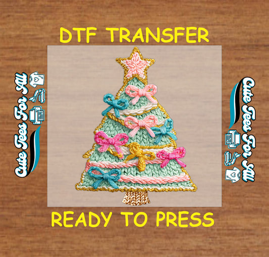 pastel crochet style christmas tree with yarn bows in pink teal and yellow ready to press dtf iron on heat transfer for diy christmas shirts